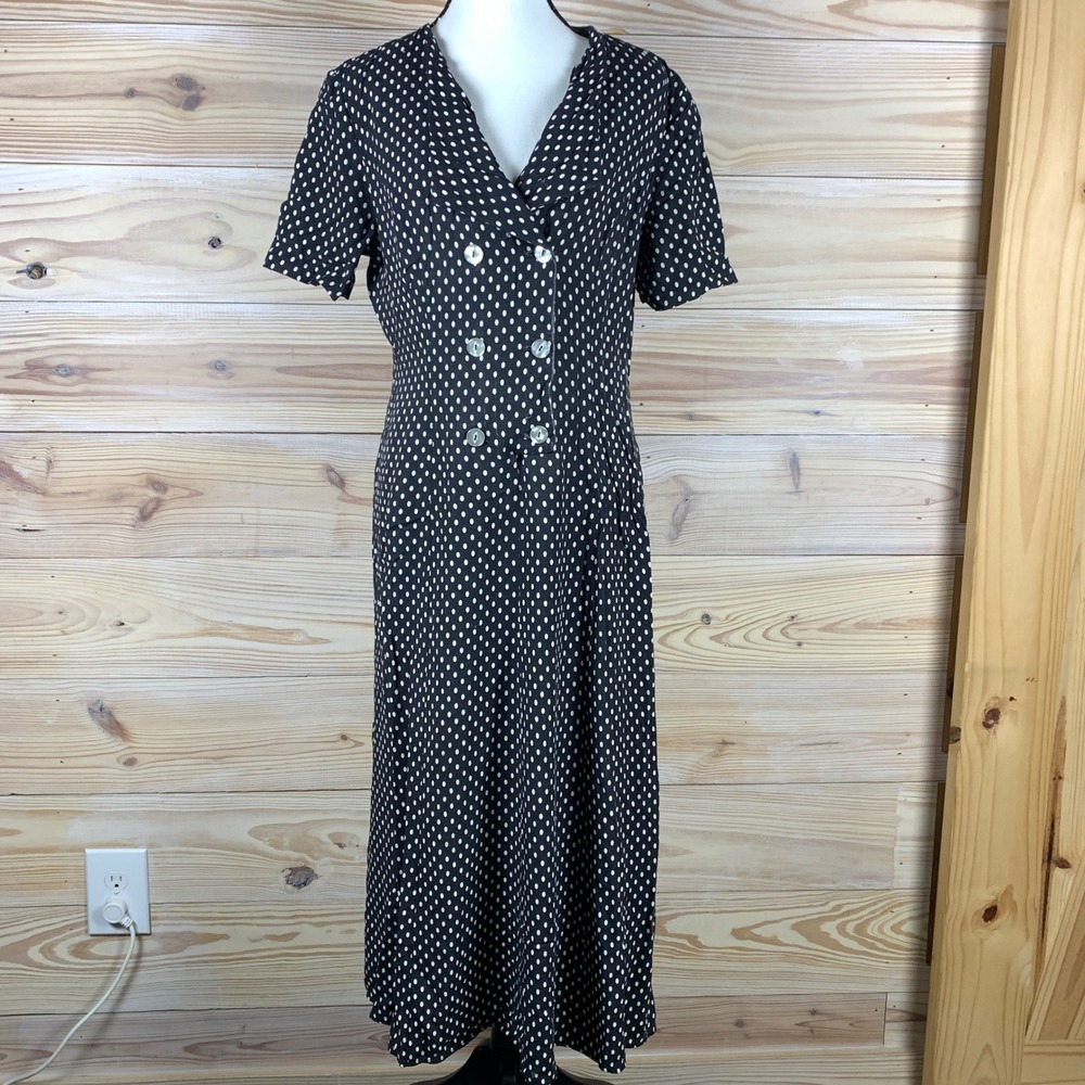 Jazz II Dress Womens L Black Polka Dot Double Breasted Midi Vtg Made in USA